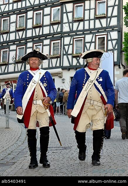 Life in the Baroque era, 18th century, Prussian uniform at the time of Frederick II of Prussia, Schiller Jahrhundertfest festival, Marbach am Neckar, Baden-Wuerttemberg, Germany, Europe.