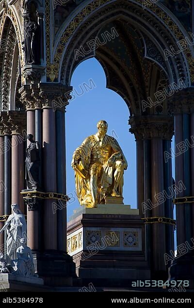 Albert Memorial gold statue near Royal Albert Hall, London, United Kingdom, Europe.