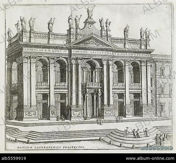 Lateranbasilika, italienisch Basilica San Giovanni in Laterano, ist die Kathedrale des Bistums Rom, eine der sieben Pilgerkirchen und eine der fünf Papstbasiliken von Rom, historisches Rom, Italien, digitale Reproduktion einer Originalvorlage aus dem 17. Jahrhundert, Originaldatum nicht bekannt.