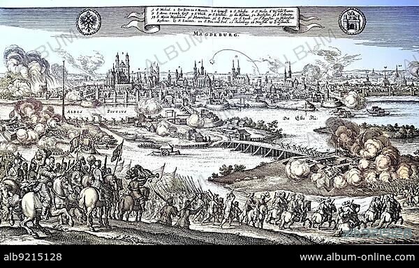 The Sack of Magdeburg, Magdeburgs Opfergang, Magdeburg Wedding, refers to the siege, subsequent looting and massacre of the inhabitants of the predominantly Protestant city of Magdeburg by troops of the Holy Roman Empire and the Catholic League during the Thirty Years War. Johann T. Serclaes von Tilly during the Siege, Historical, digitally restored reproduction from a 19th century original.