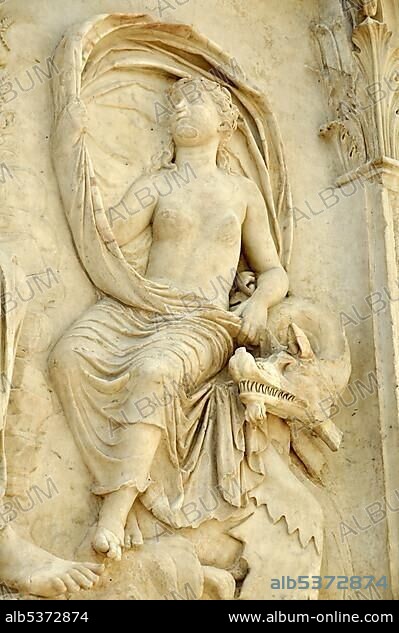 Nymph with sea monster, relief of the earth goddess Tellus or Italia, between nymphs, Altar of Augustan Peace, Ara Pacis Augustae, eastside, Rome, Lazio, Italy, Europe.