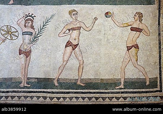 Bikini girls, antique floor mosaic, Villa Casale, Villa Romana del Casale, Piazza Armerina, Sicily, Italy, Europe.