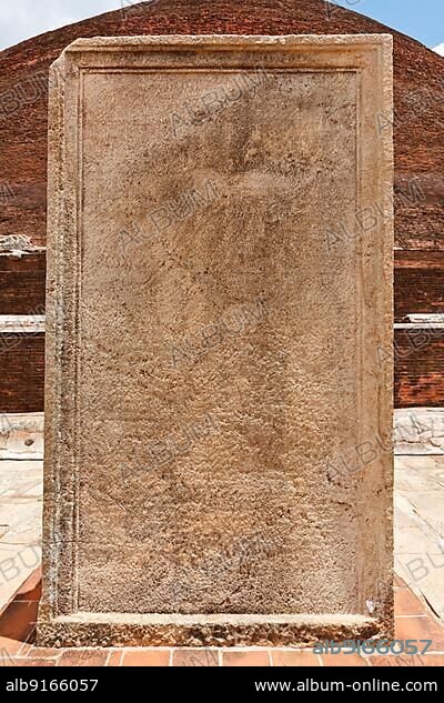 Stone tablet with inscriptions at Jetavaranama dagoba (stupa) . Anuradhapura, Sri Lanka, Asia.