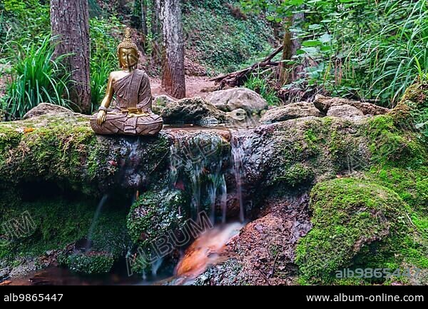 Buddha statue sitting in a mountain river meditating on a waterfall with green moss and rocks.