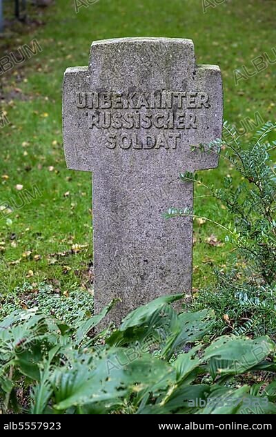 Cemetery for Soviet prisoners of war, gravestone for unknown Russian soldier of World War II, war cemetery Tannenhausen, Aurich, Lower Saxony, Germany, Europe.