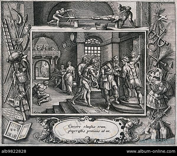 A prison guard receives money for freeing a prisoner from the torture chamber. Engraving by AC after M. de Vos. The torture chamber is populated by men in various rods and men writhing in pain The image is surrounded by depictions of torture and torture implements; Historical; digitally restored reproduction from a 19th century original.