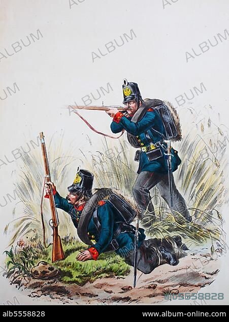 Prussian Army, Prussian Guard, Rhenish Hunter Battalion No. 8, East Prussian Hunter Battalion No. 1, Soldiers, Army Uniform, Military, Prussia, Germany, Digitally Restored Reproduction of a 19th century Original, Europe.