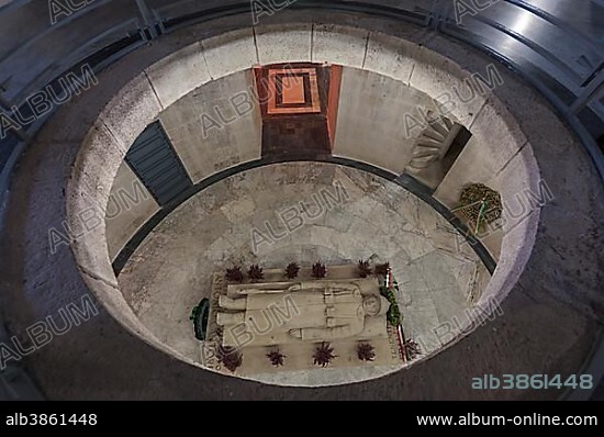 Memorial to the Fallen of World War I, crypt with Alpini soldier stone figure, Ossuary of Pocol or Sacrario Militare di Pocol, built under the reign of Mussolini in 1935, Cortina d'Ampezzo, Pocol, Veneto, Italy, Europe.
