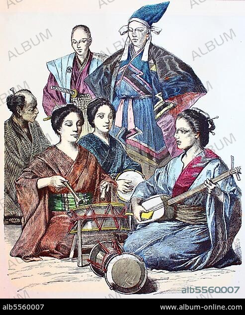 Folk traditional costume, clothing, history of costumes, Music-making girls and person from the authorities, Japan, 1885, digitally restored reproduction of a 19th century original, exact date unknown, Asia.