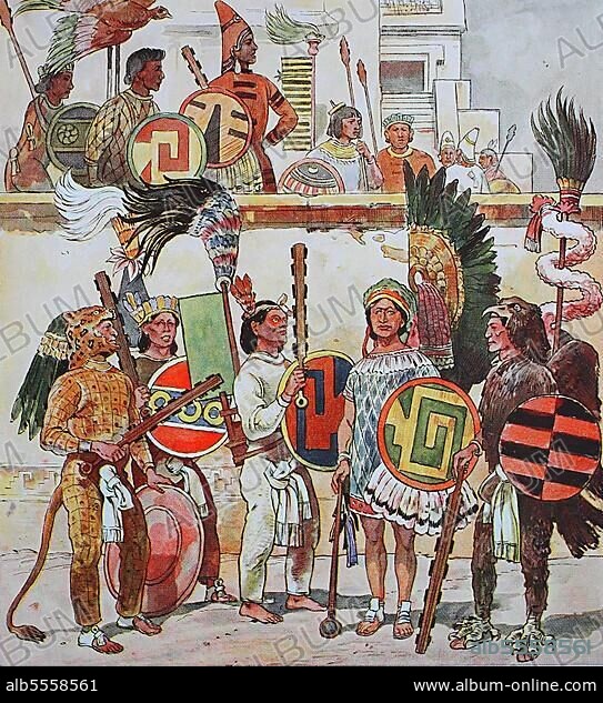 Kleidung, Mode in Mittelamerika, um 1520, unten von links, ein Krieger aus dem Staat Mexiko, dann zwei einheimische Hilfstruppen von Cortez, ein Anführer, ein mexikanischer Federkriecher und eine steinerne Keule, und ein Anführer aus Mexiko in einem nachgebildeten Federgewand eines Raubvogels, und von oben links, ein Krieger, dann der Anführer der Hilfstruppen von Cortez und eine Gruppe mexikanischer Krieger, digital restaurierte Reproduktion einer Originalvorlage aus dem 19. Jahrhundert.