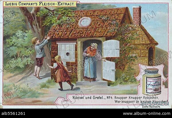 Serie Märchen Hänsel und Gretel, Knusper knusper kneischen, wer knuspert an meinem Häuschen, digital verbesserte Reproduktion eines Sammelbildes von ca 1900.