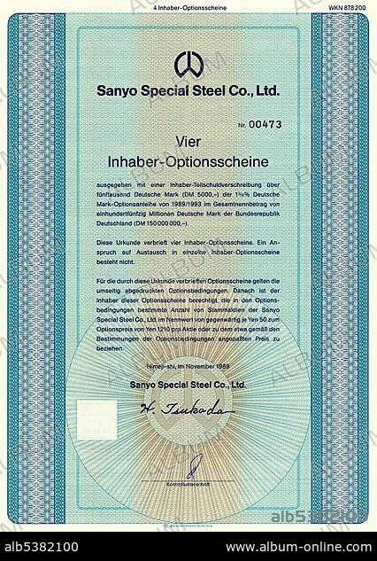 Historic security, Japanese warrant, steel company, Sanyo Special Steel Co Ltd, 1989, Himeji-shi, Japan, Asia.