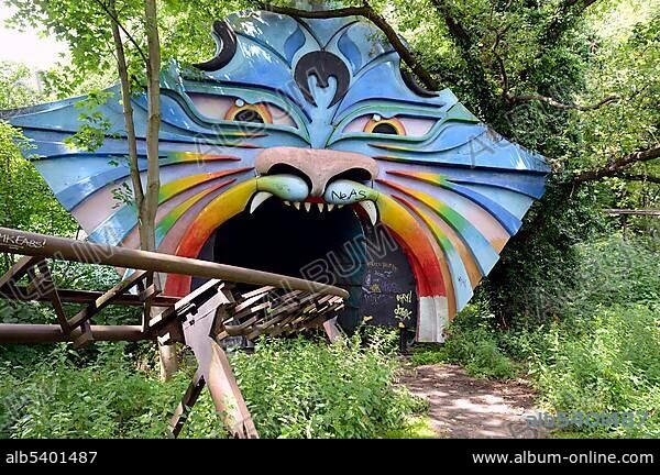 Entrance to the tunnel of the rollercoaster, abandoned Spreepark Berlin amusement park, formerly known as Kulturpark Plaenterwald in the German Democratic Republic, Germany, Europe.