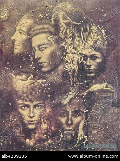 Valentine Hugo (1887-1968). French School. The Surrealist Constellation. Portraits of Paul Eluard, André Breton, Tristan Tzara, René Char, Benjamin Péret, René Crevel. 1932. Oil on canvas (120 x 100 cm). Private Collection.. These photographic works are protected by legislation concerning literary and artistic property in all countries. Royalties are handled by ADAGP. To publish or diffuse these photographs, you must imperatively obtain the authorization of ADAGP or its correspondents abroad and to pay corresponding royalties. If you download this image in high definition, your postal address, telephone number and e-mail address will automatically be forwarded to ADAGP.. ADAGP - 11,rue Berryer - Paris. Tel. : (33) 1 43 59 09 79. Fax : (33) 1 45 63 44 89. E-mail : adagp@adagp.fr. Web : http://www.adagp.fr.
