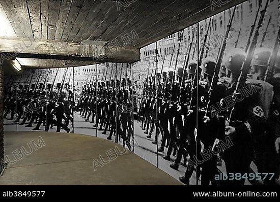 SS-Leibstandarte, Adolf Hitler's personal bodyguards, marching at the the Nazi Party Rally in Nuremberg in 1933, life-sized photos in an exhibition space, permanent exhibition, "Fascination and Terror", Documentation Centre Nazi Party Rally Grounds, Nuremberg, Middle Franconia, Bavaria, Germany, Europe.