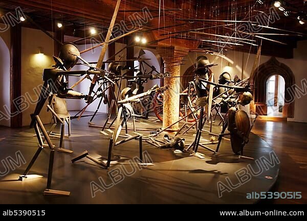 Display of medieval weapons and armors in the Festungsmuseum fortress museum, Festung Hohensalzburg fortress, Salzburg, Austria, Europe.