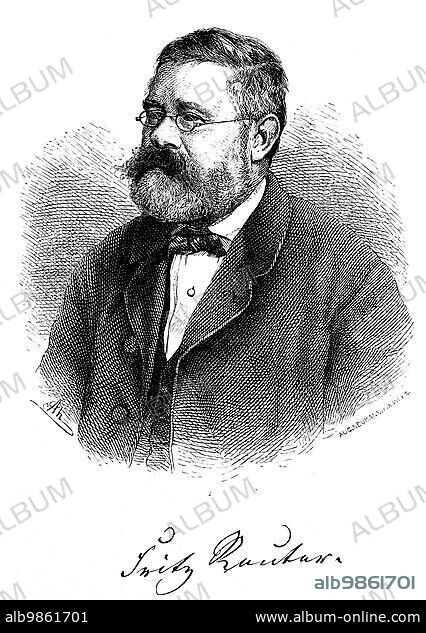 Fritz Reuter (1810) (1874) Low German writer and poet, born in Stavanger, died in Eisenach, portrait, glasses, beard, jacket, white collared shirt, clothes, bow tie, signature, name, lettering, North Germany, 19th century, historical illustration 1868.