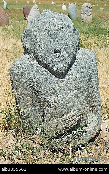 Historic grave stone, balbal, in Balasagun, silk road, Kyrgyzstan, Asia.