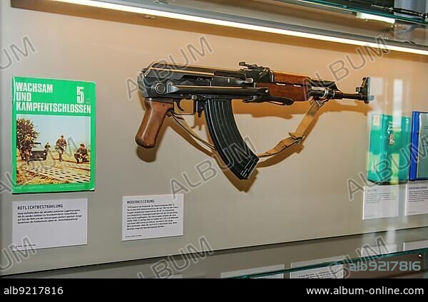 Historical weapon of GDR border guards submachine gun KMS-72, Museum Gedenkstätte Point Alpha an ehemalige innerdeutsche Grenze, Rasdorf, Hesse, Thuringia, Germany, Europe.