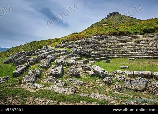 Rows of seats in the stadium of the ruined city of Amantia, ancient Illyrian settlement, 4th century BC, Ploça, Albania