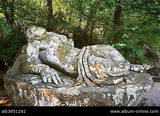 La Nuda Abbandonate, the abandoned nude sleeping nymph sculpture, Sacro Bosco, Sacred Wood, Park of the Monsters, Parco dei Mostri, Bomarzo, Lazio, Italy, Europe.