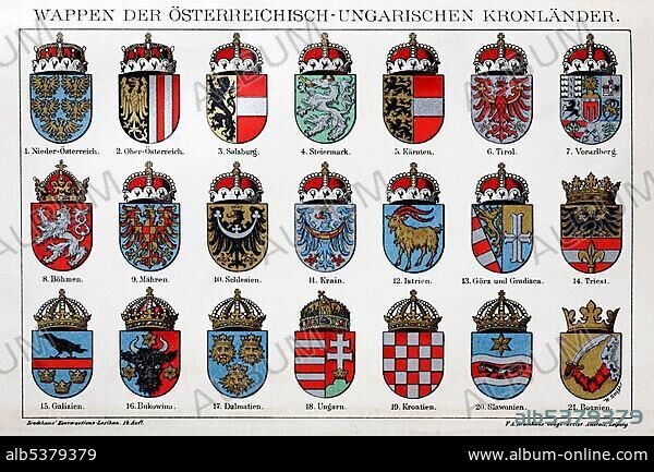 Historical coat of arms of the Austria-Hungarian Crown Lands from the time of the monarchy, Chromotafel, colour lithograph, Brockhaus Konversationslexikon, an encyclopaedia from 1908.