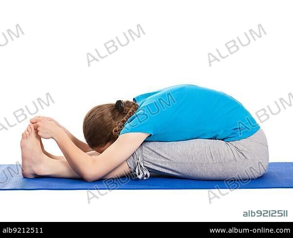 Yoga, young beautiful slender woman yoga instructor doing Seated Forward Bend or Intense Dorsal Stretch pose asana (Paschimottanasana) exercise isolated on white background.
