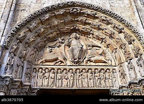 Gothic sculptures of Christ Pantocrator surrounded by the four Evangelist symbols, west facade, central portal tympanum, circa 1145, Cathedral of Chartres, UNESCO World Heritage Site, France, Europe.