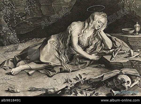 Penitent Mary Magdalene in a Cave; Historic; digitally restored reproduction from a 19th century original.