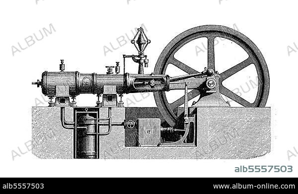 Dampfmaschinen des 19. Jahrhunderts, Woolfsche Dampfmaschine von Escher, Wyss & Co, digital restaurierte Reproduktion einer Originalvorlage aus dem 19. Jahrhundert.