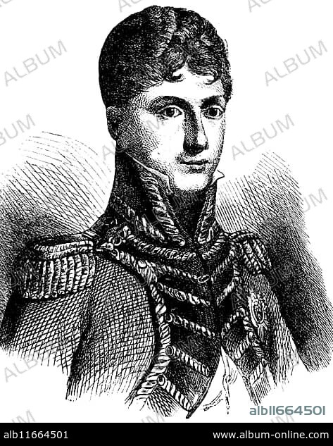 Portrait of Crown Prince Wilhelm of Württemberg, military leader against Napoleon Bonaparte in the Wars of Liberation, Wars of Liberation, uniform, medals, Prussia, historical illustration 1882.