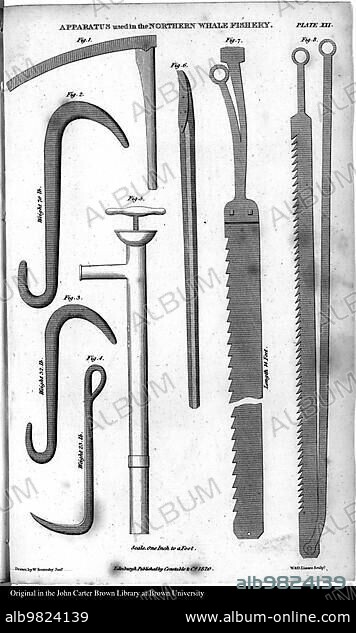 Ice axe; ice anchor; bay ice anchor; blubber pump; bone hand spike; ice saw; further saw; for thinner ice; 1790; Norway; Historic; digitally restored reproduction from a 19th century original; Tools used in whaling; Europe.