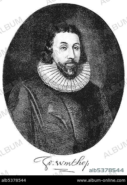 Historical drawing from the U.S. history of the 18th century, portrait of John Winthrop, 1588 - 1649, an English Puritan, first governor of the Massachusetts Bay Colony, 1629.