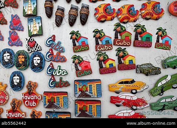 Souvenirs, magnetic stickers, magnetic, magnet, Che Guevara, vintage car, Havana Club, Valle de los Ingenios, also Valley de los Ingenios or Valley of the Sugar Mills, UNESCO World Heritage Site, Trinidad province, Cuba, West Indies, Caribbean, Central America.