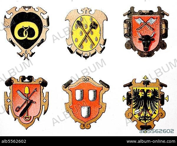 1890, Zunftwappen: Bäcker, Brauer, Schlächter, Barbiere, Maler, Buchdrucker, digital restaurierte Reproduktion einer Originalvorlage aus dem 19. Jahrhundert.