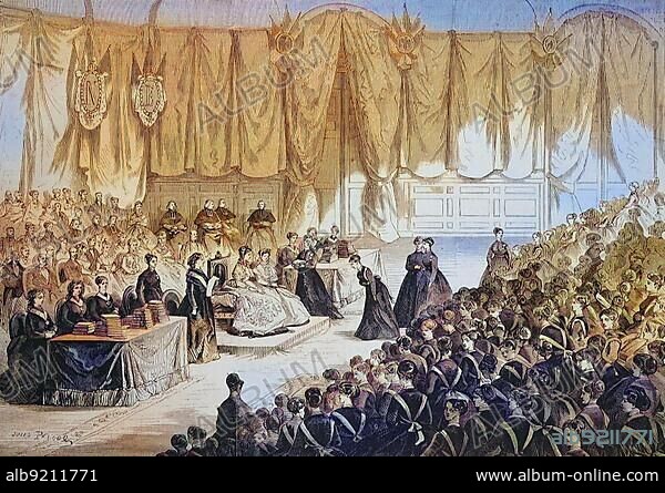 Empress Eugenie de Montijo, Maria Eugenia Ignacia Agustina de Palafox Portocarrero de Guzman y Kirkpatrick presiding over the award ceremony at the Imperial Institution of the Region of Honour in Saint Denis, 1869, France, Historic, digitally restored reproduction of an original 19th century master, exact original date unknown, Europe.