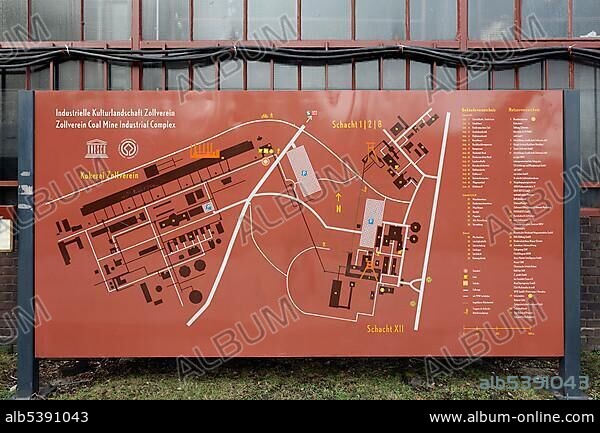 Zollverein Coal Mine Industrial Complex, information board with a site map, Essen-Stoppenberg, Ruhr area, North Rhine-Westphalia, Germany, Europe.