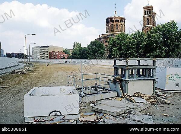 Remains of a watchtower in the former death strip after the fall of the Berlin Wall, Berlin, Germany, Europe.