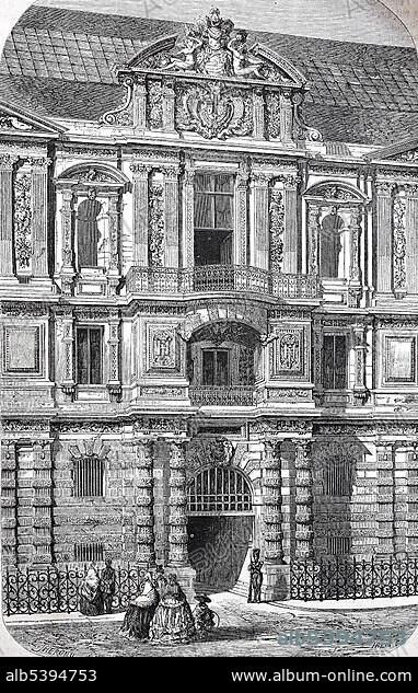 Entrance to the old Royal Library at the Louvre, today BibliothÃ¨que nationale de France, Paris, 1870, historical woodcut, France, Europe.