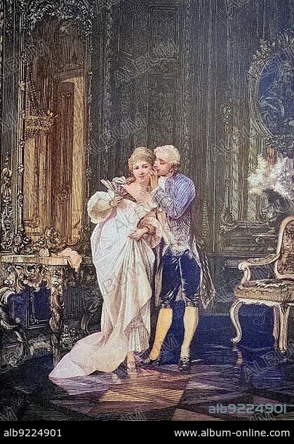 The Secret, Man whispering something in a womans ear, in a stately setting, Historical, digitally restored reproduction from a 19th century original.