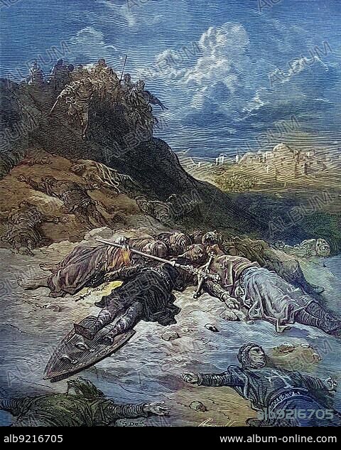 The Battle of Hattin took place on 4 July 1187 between the Crusader states in the Levant and the forces of the Ayyubid Sultan Salah ad-Din, known in the West as Saladin, and is also known as the Battle of the Horns of Hattin, Third Crusade, Crusades were strategically, religiously and economically motivated wars sanctioned by the Latin Church between 1095-99 and the 13th century, Historical, Digitally restored reproduction of an original 19th century original.