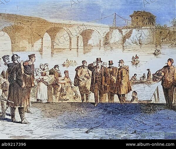 Jules Fabres arrival at the Sebres Bridge near Paris in the first weeks of the truce, illustrated war history, German, French war 1870-1871, Germany, France, Europe.