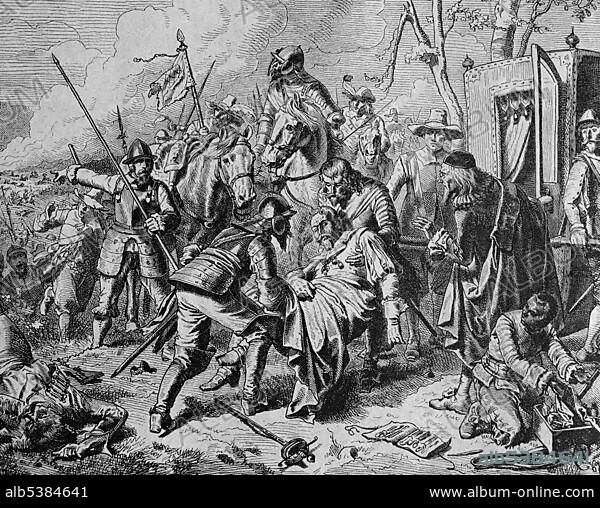 Johann Tserclaes, Count of Tilly, at the Battle of Lech, 15th April 1632, mortally injured, historic illustration, 1877.