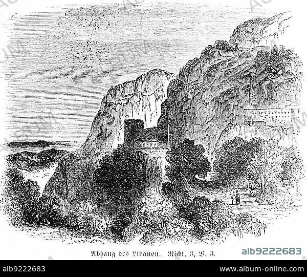 Slope of Lebanon, mountains, steep face, building, princes of the Philistines, Canaanites, Zidonians, Hevites, Hemath, meeting, Bible, Old Testament, Book of Judges, chapter 3, verse 3, historical illustration around 1850, Middle East.