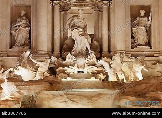 Sea god Oceanus with statues of abundance and healing power, Trevi Fountain, Fontana di Trevi, Rome, Lazio, Italy, Europe.