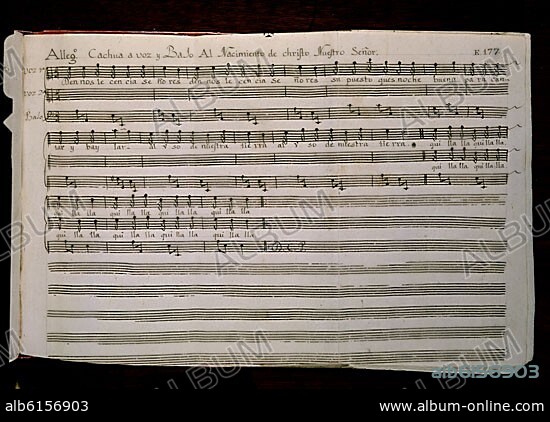 BALTASAR JAIME MARTÍNEZ COMPAÑÓN. CODICE TRUJILLO DEL PERU - TOMO II E 177 - ALLEGRO CACHUA A VOS Y BAJO AL NACIMIENTO DE CRISTO NUESTRO SEÑOR - MANUSCRITO - SIGLO XVIII.
