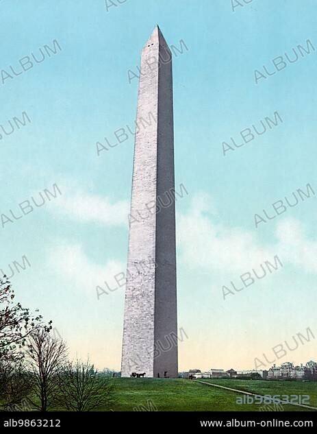 The Washington Monument is an obelisk on the National Mall in Washington, D.C., built to commemorate George Washington, a Founding Father of the United States of America, Historic, digitally enhanced reproduction of a photochrome print from 1898, Washington Monument is an obelisk on the National Mall in Washington, built to commemorate George Washington, a Founding Father of the United States, USA, Historic, digitally enhanced reproduction of a photochrome pri, North America.