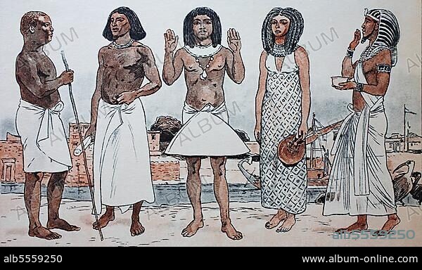 Kleidung im alten Ägypten, Zeit des Alten Reiches um 2200 v. Chr. von links, ein Beamter oder besser Männerkleidung mit Stock, Zeit des Mittleren Reiches um 2100 v. ein Beamter, eine Ägypterin der 5. Dynastie, Dame mit gemustertem Hemdkleid dann ein König des Neuen Reiches um 1530 v. in der Handlung als Opferpriester, digital verbesserte Reproduktion einer Illustration aus dem 19. Jahrhundert.