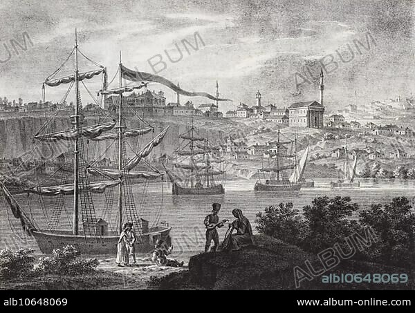 The Danube in Wallachia, city of Braila, Romania, 1826, The river Danube in Wallachia, city of Braila, Romania, Historical, digitally restored reproduction from a 19th century original, Europe.