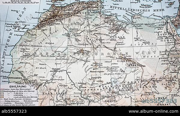 Landkarte, map from the year 1892: the Sahara desert, Wüste Sahara, digital restaurierte Reproduktion einer Originalvorlage aus dem 19. Jahrhundert.